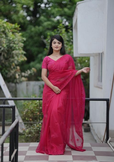 Pink Embroidery Twill Net Saree Set