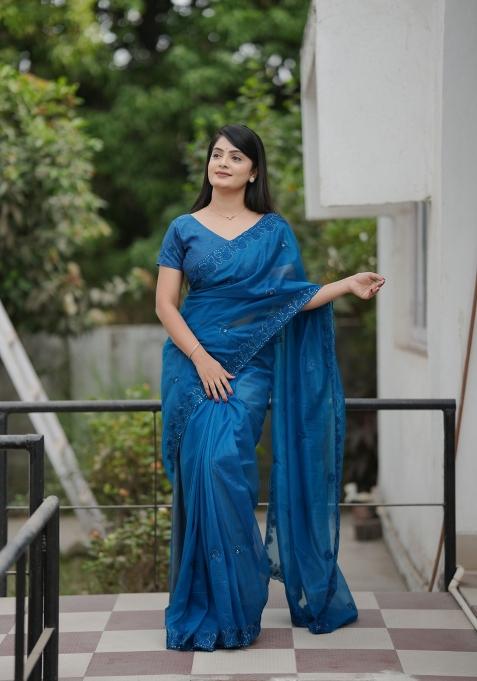 Blue Embroidery Twill Net Saree Set