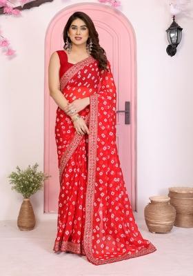 Red Embroidery Georgette Saree Set