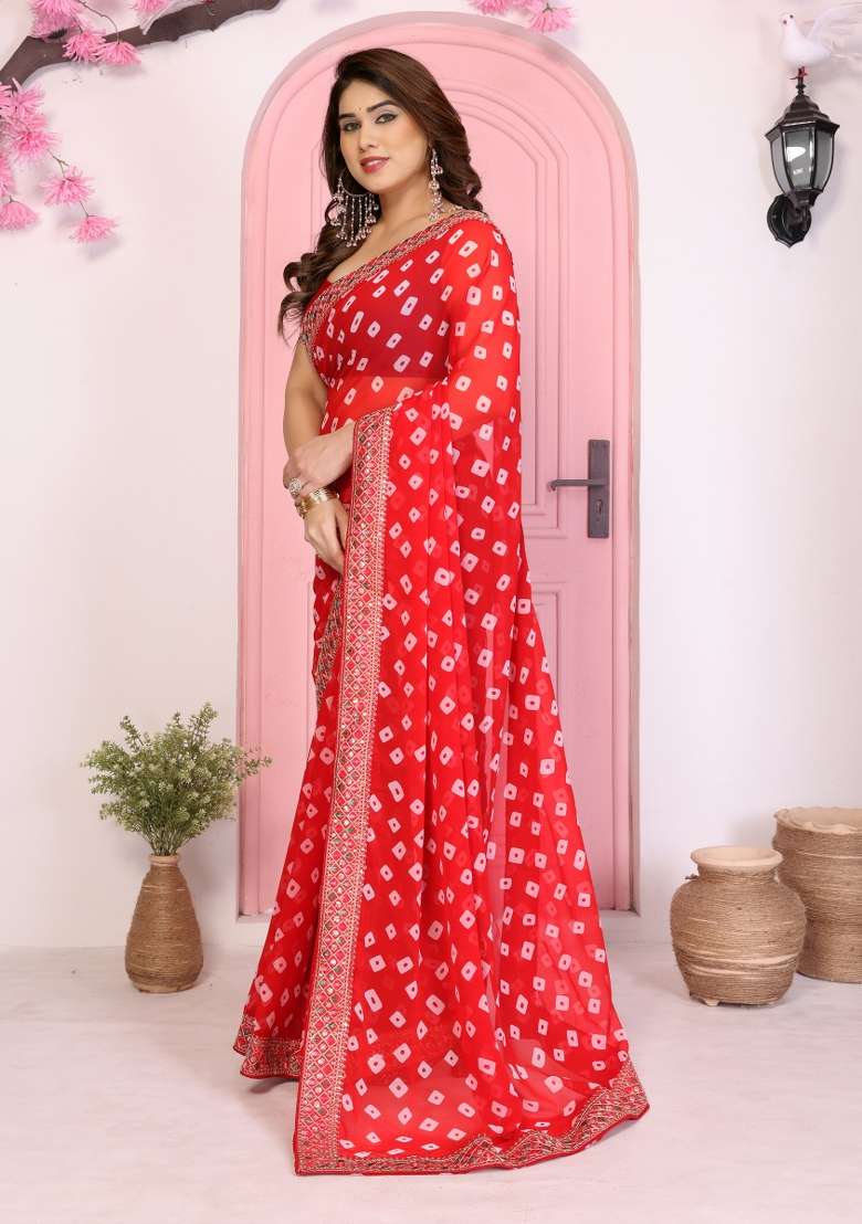 Red Embroidery Georgette Saree Set - Indya