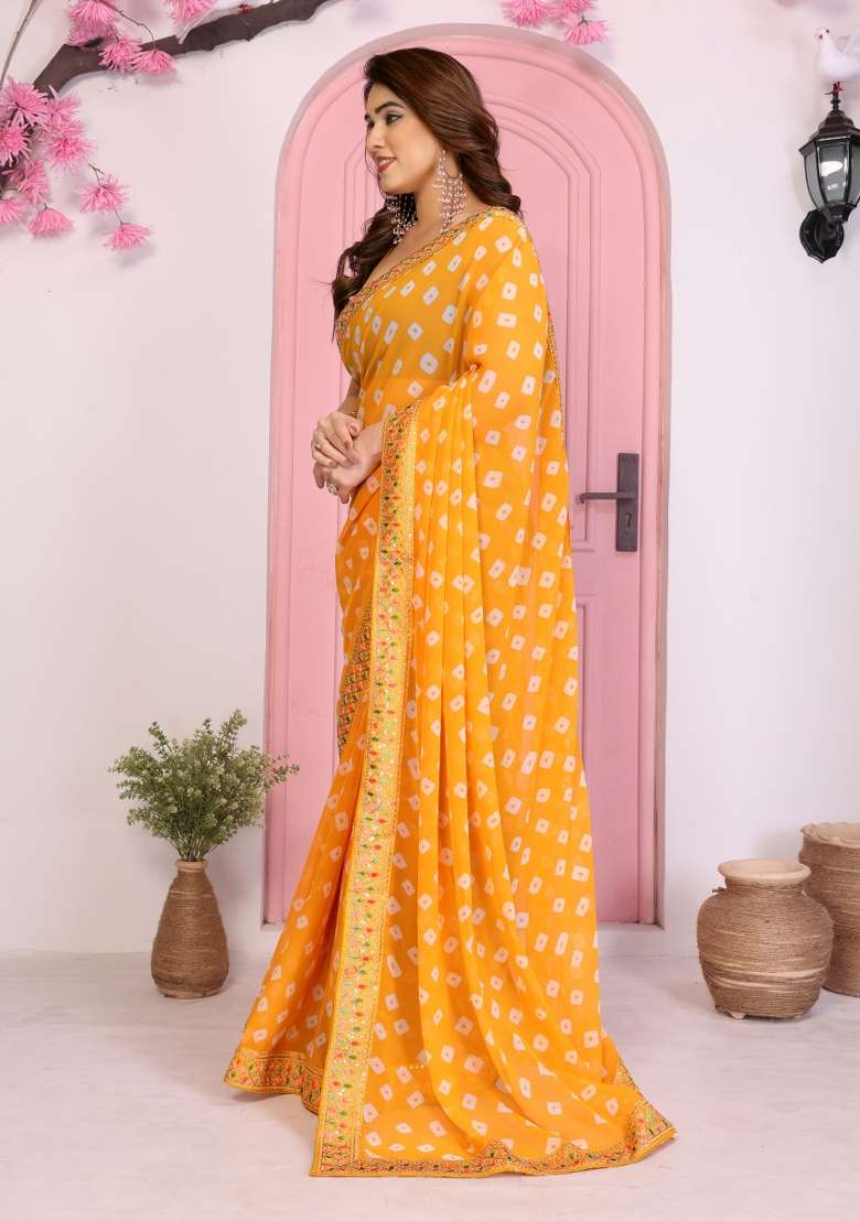 Yellow Embroidery Georgette Saree Set - Indya