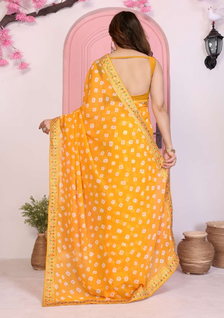 Yellow Embroidery Georgette Saree Set - Indya