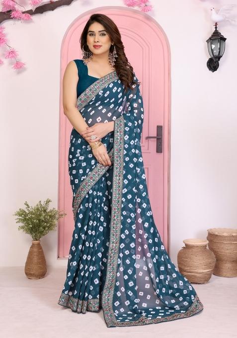 Teal Blue Embroidery Georgette Saree Set