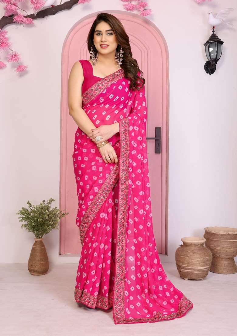 Pink Embroidery Georgette Saree Set - Indya