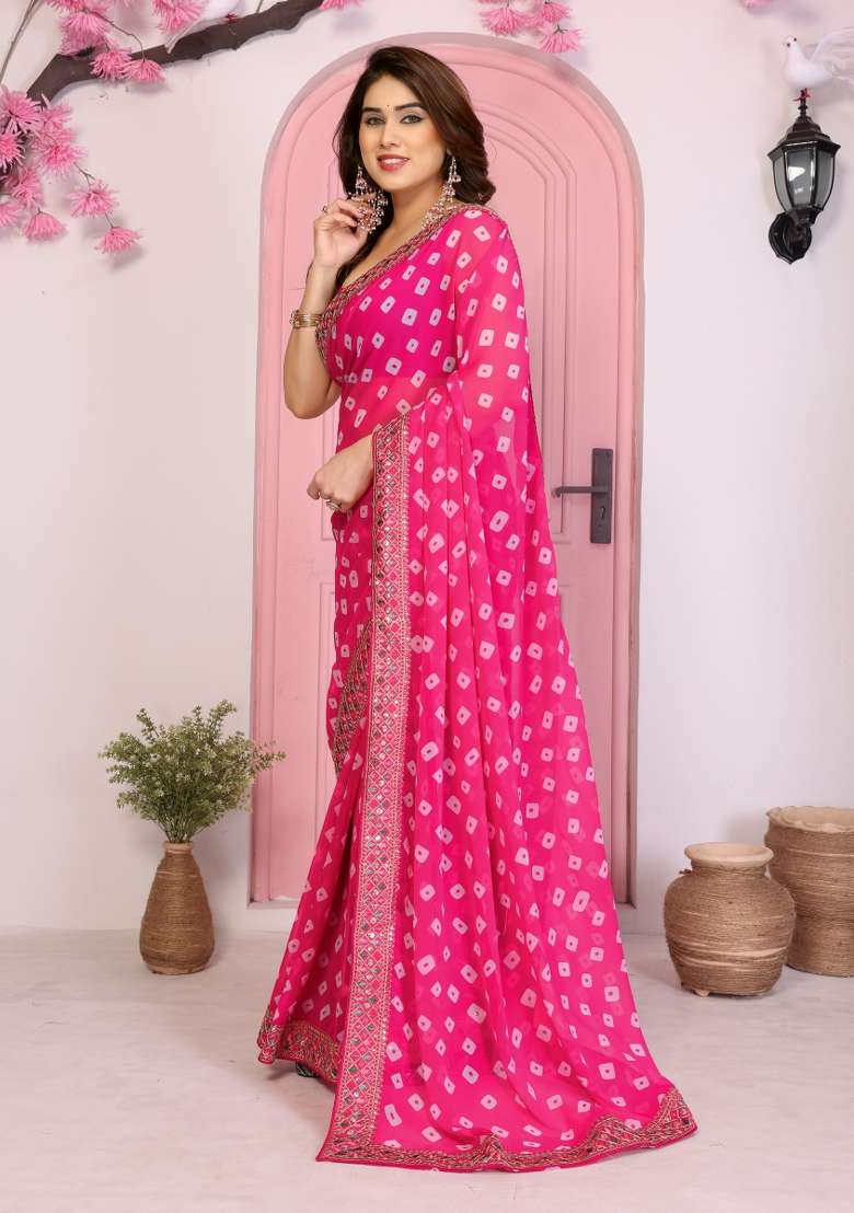 Pink Embroidery Georgette Saree Set - Indya