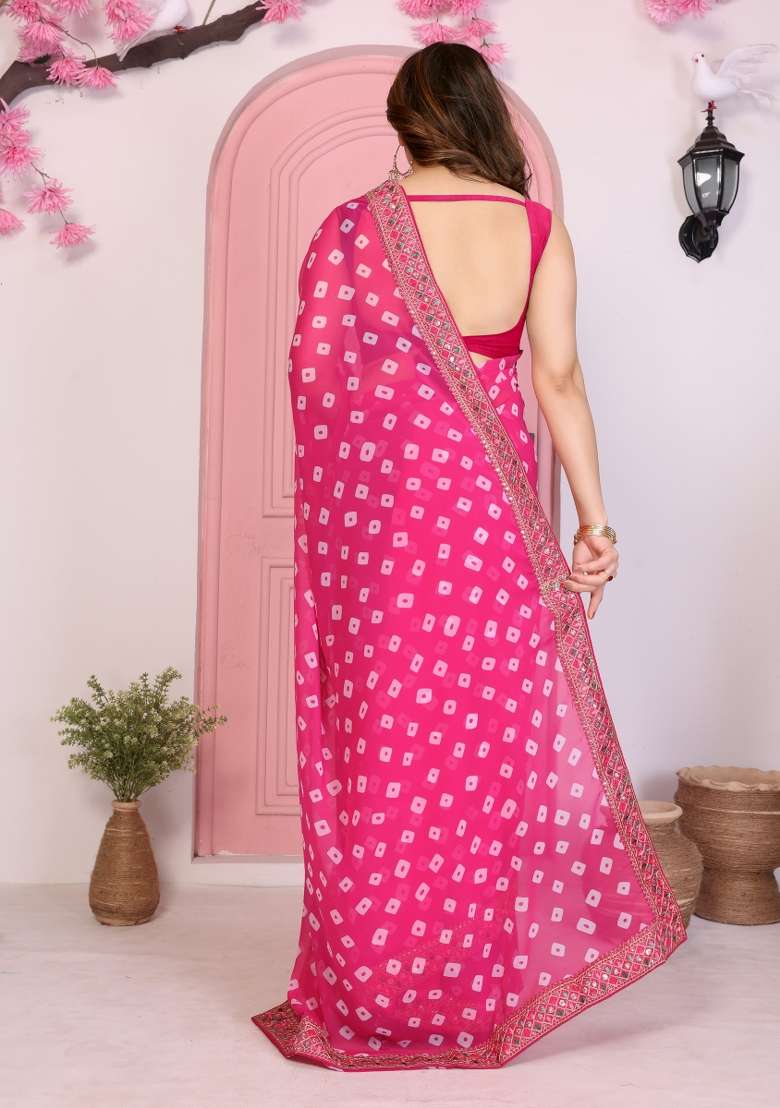 Pink Embroidery Georgette Saree Set - Indya