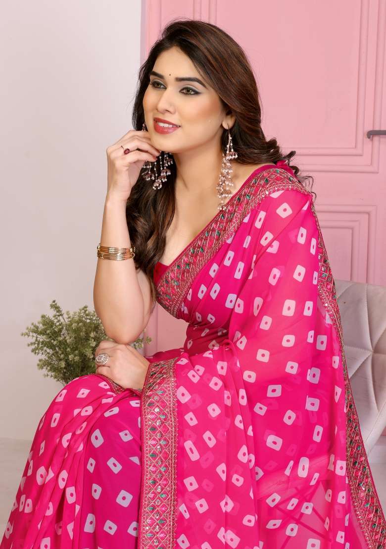 Pink Embroidery Georgette Saree Set - Indya