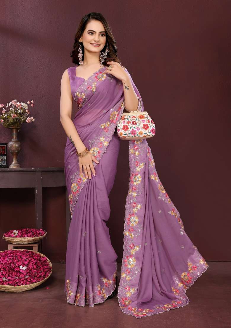 lavender Embroidery Star Georgette Saree Set - Indya