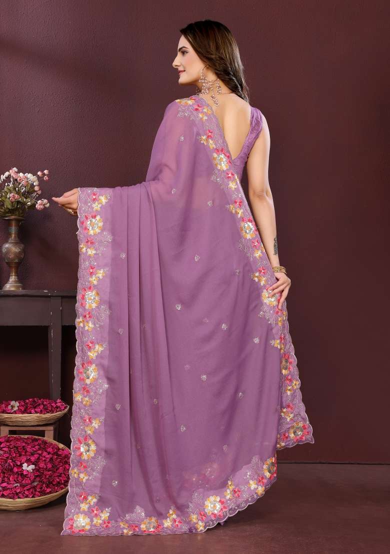 lavender Embroidery Star Georgette Saree Set - Indya