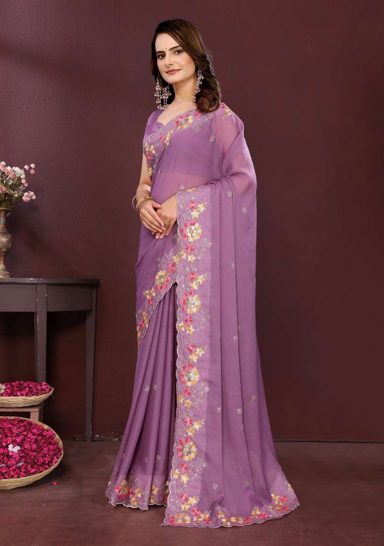 lavender Embroidery Star Georgette Saree Set - Indya