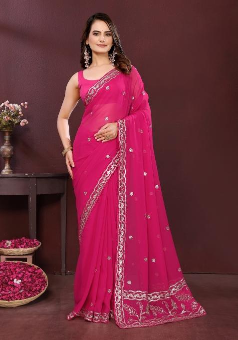 Pink Embroidery Georgette Saree Set