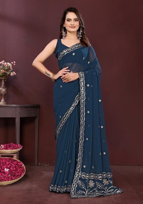 Blue Embroidery Georgette Saree Set