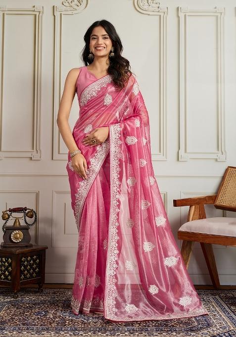 Pink Embroidery Twill Net Saree Set