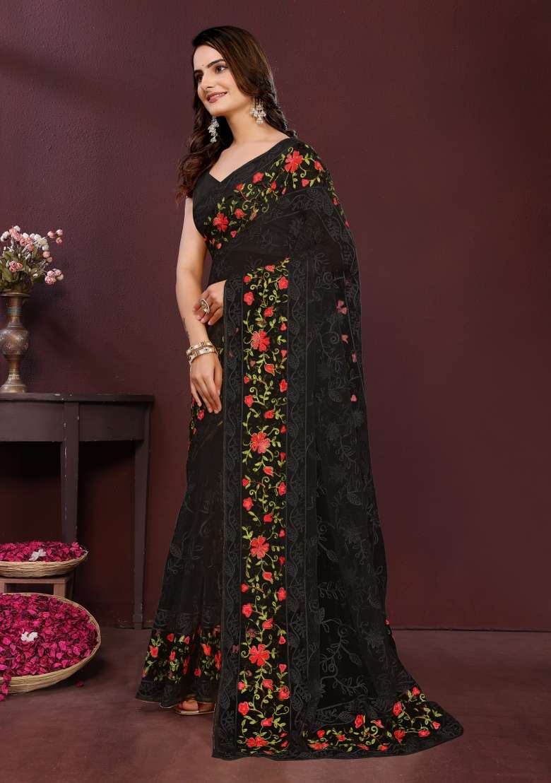 Black Embroidery Net Saree Set - Indya