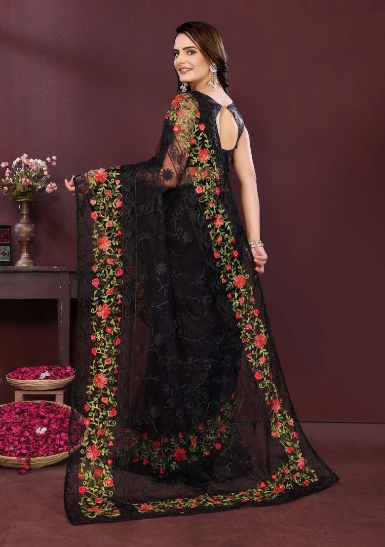 Black Embroidery Net Saree Set - Indya