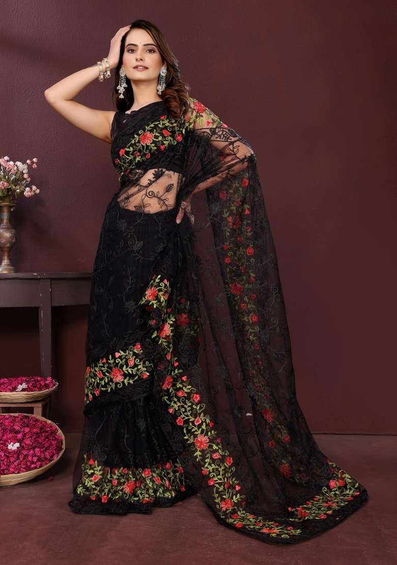 Black Embroidery Net Saree Set - Indya
