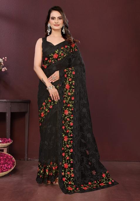 Black Embroidery Net Saree Set