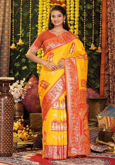 Yellow Motif Silk Saree Set