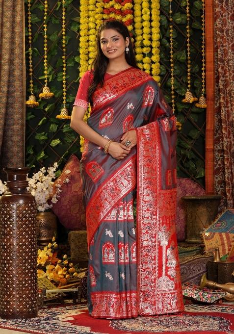 Grey Motif Silk Saree Set