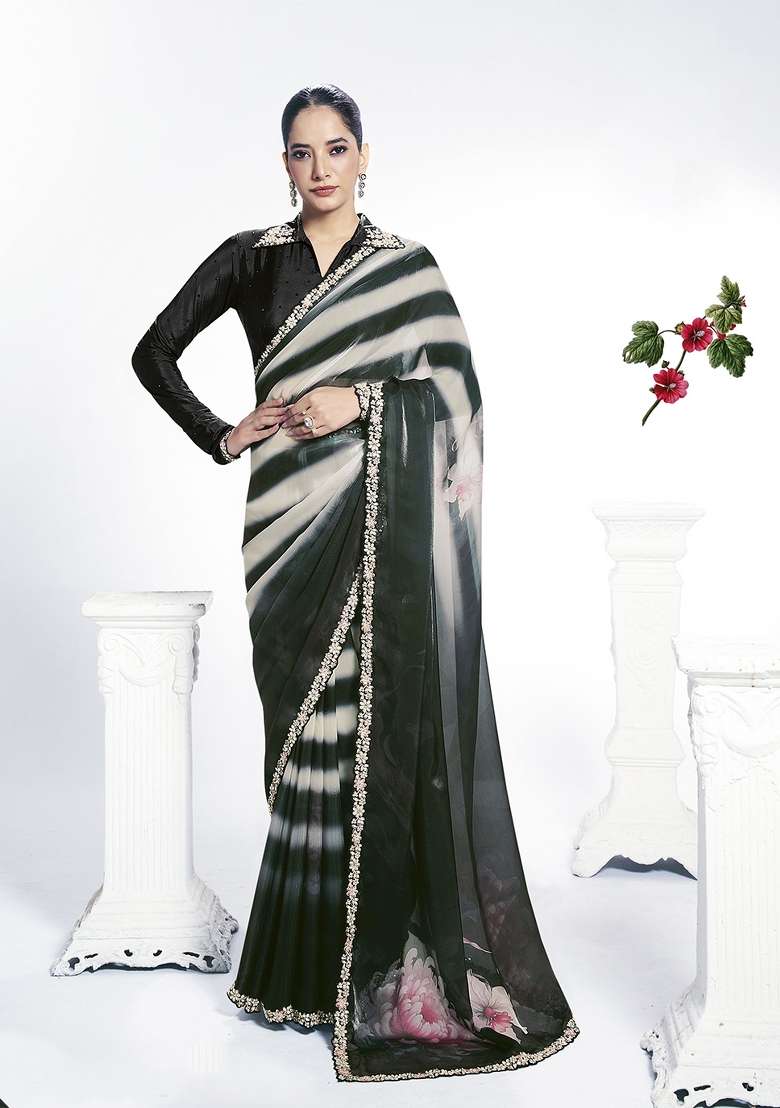 Black Embroidery Silk Saree Set - Indya