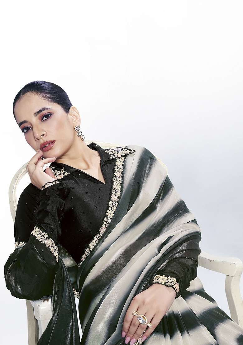 Black Embroidery Silk Saree Set - Indya