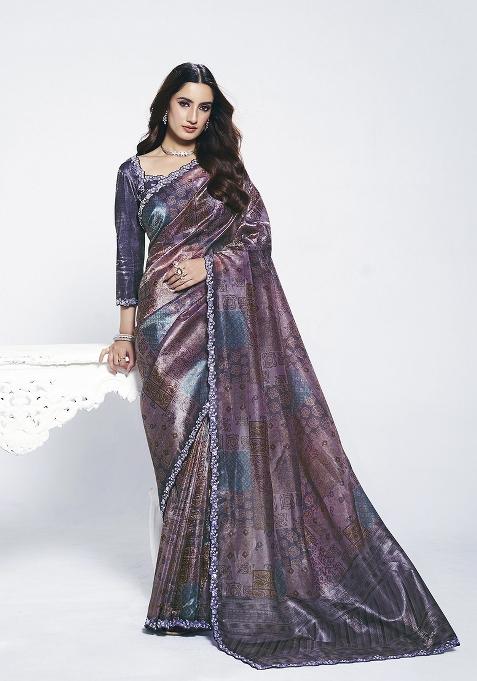 Purple Embroidery Silk Saree Set