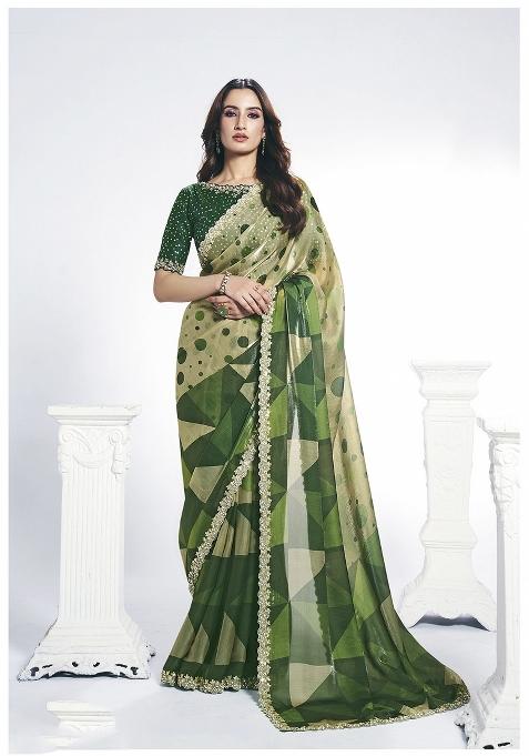 Green Embroidery Silk Saree Set