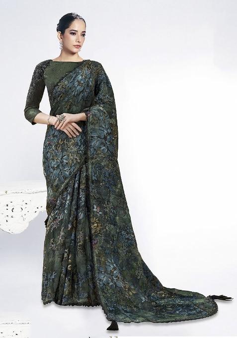 Green Embroidery Blended Saree Set