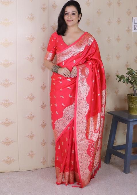 Red Motif Silk Saree Set