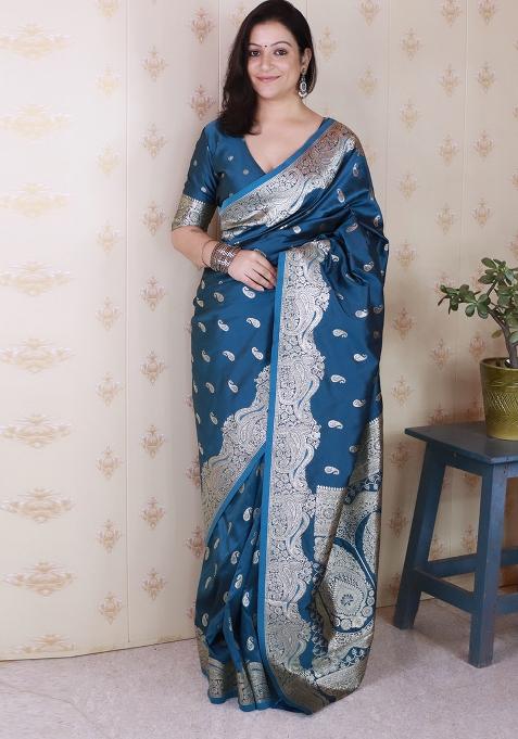 Teal Blue Motif Silk Saree Set