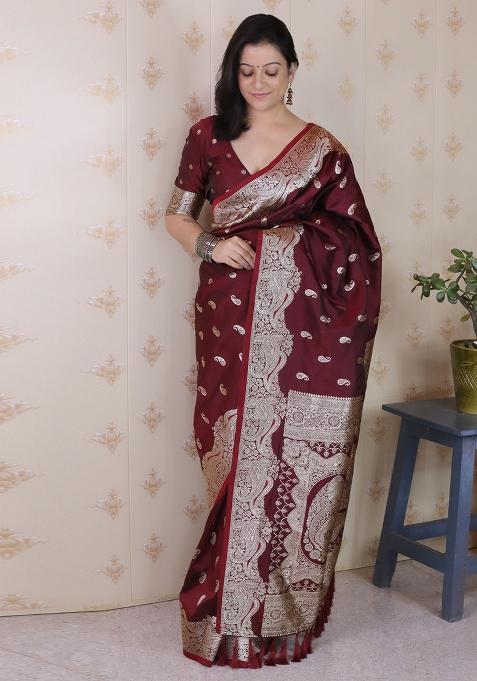 Brown Motif Silk Saree Set