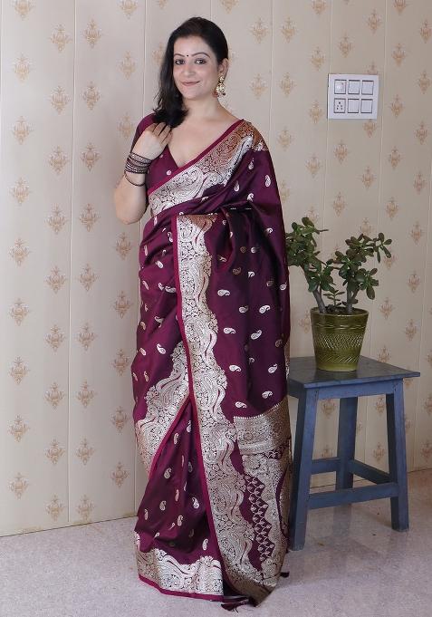 Wine Motif Silk Saree Set