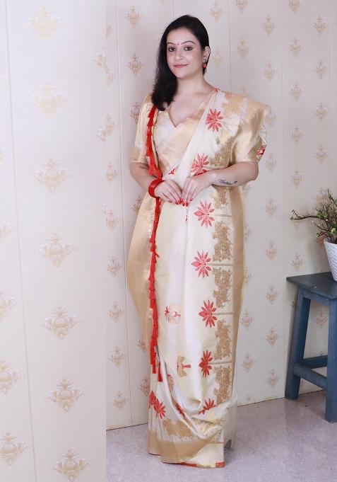 Cream Motif Silk Saree Set