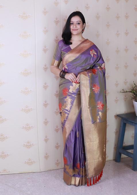 lavender Motif Silk Saree Set