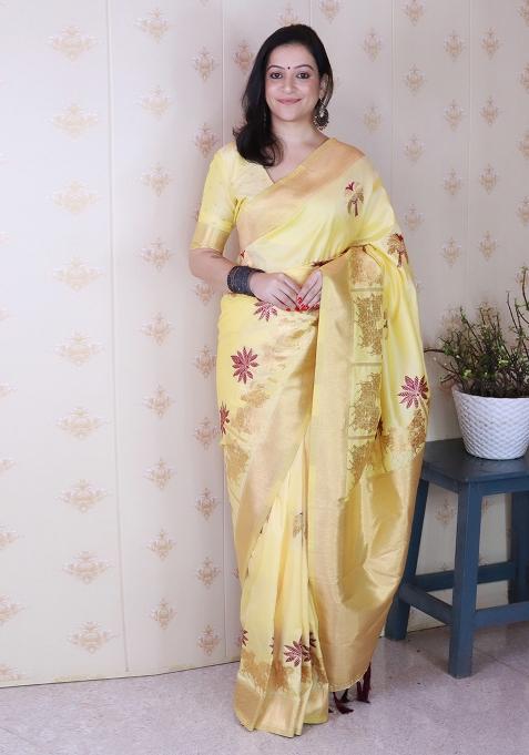 Light Yellow Motif Silk Saree Set