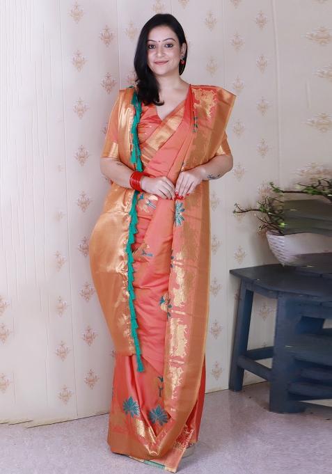 Peach Motif Silk Saree Set
