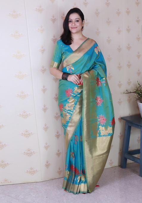 Sky Blue Motif Silk Saree Set