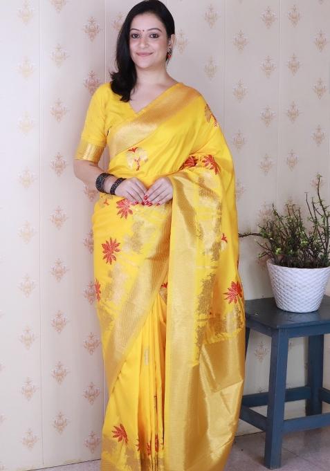 Mustard Motif Silk Saree Set