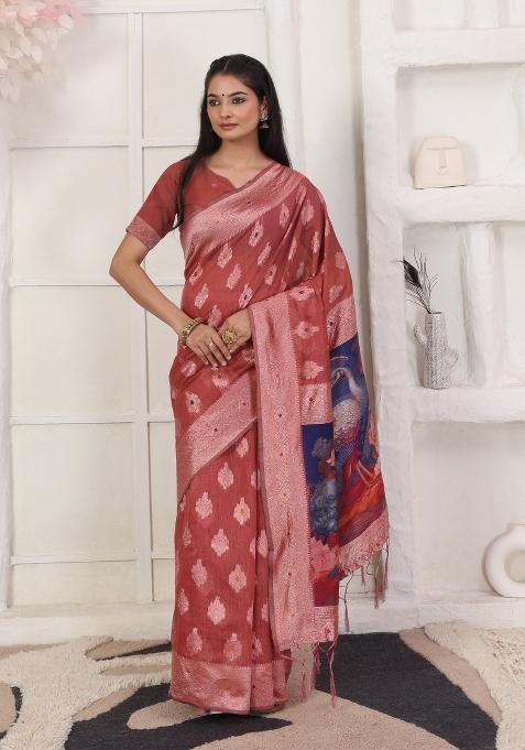 Rust Printed Linen Cotton Saree Set
