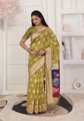 Mahendi Green Printed Linen Cotton Saree Set