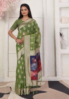 Green Printed Linen Cotton Saree Set