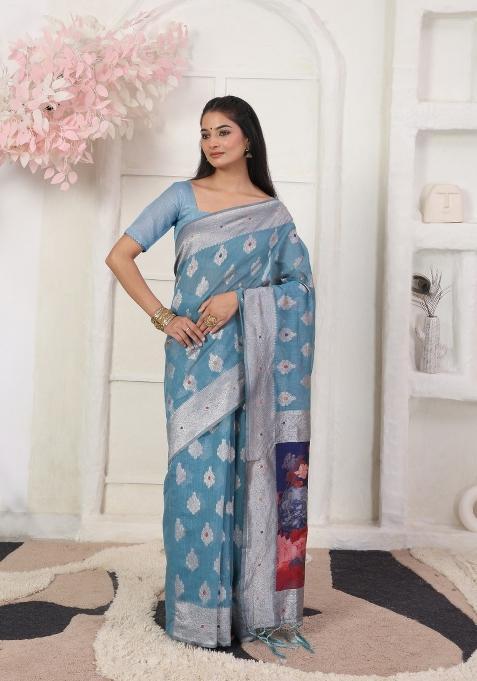 Sky Blue Printed Linen Cotton Saree Set