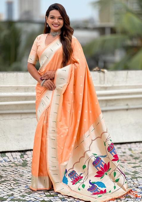 Peach Motif Silk Saree Set