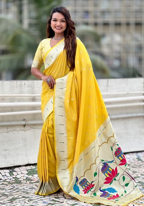 Yellow Motif Silk Saree Set