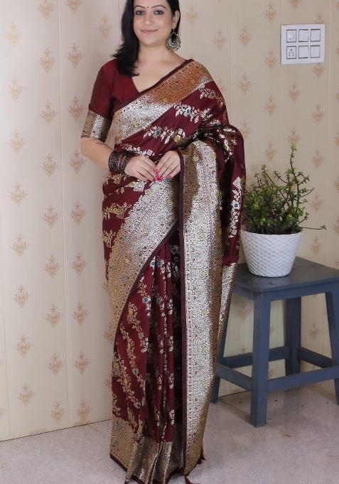 Maroon Motif Silk Saree Set