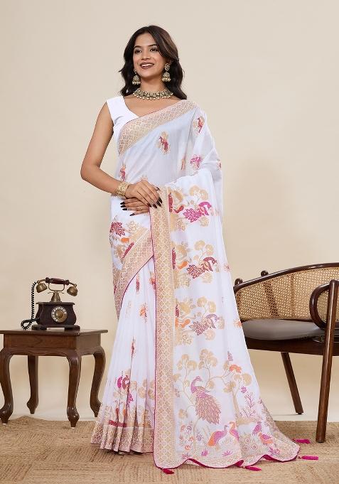 White Printed Cotton Saree Set