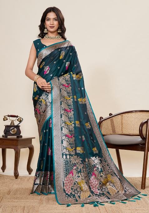 Teal Motif Silk Saree Set