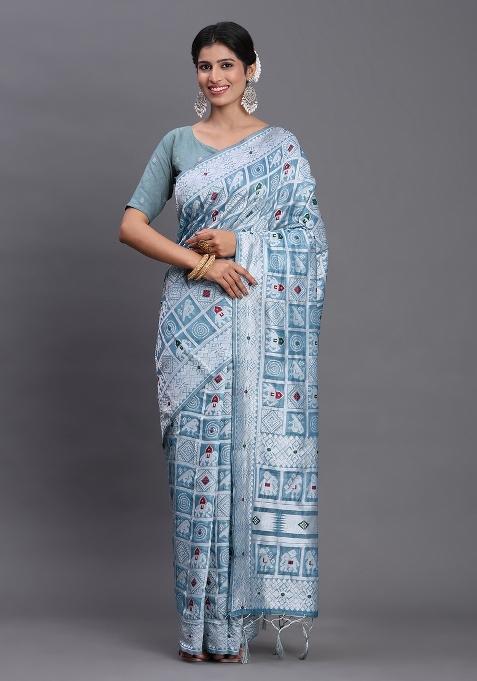 Sky Blue Motif Linen Cotton Saree Set