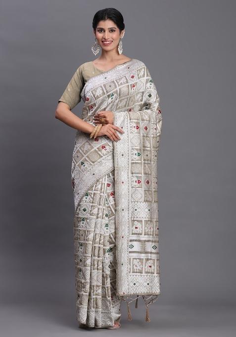 Beige Motif Linen Cotton Saree Set