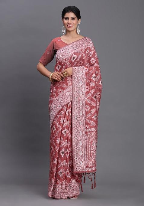 Peach Motif Linen Cotton Saree Set